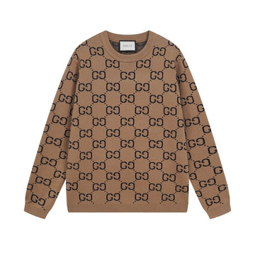 Gucci Men's Camel & Black GG Wool Jacquard Crewneck Sweater