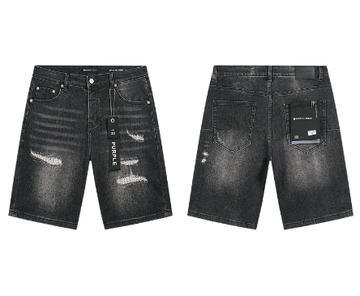 Black Washed Denim Shorts with Classic Whiskering Fading and Knee Distressing