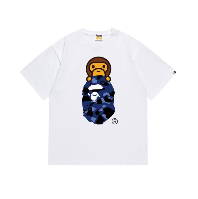White BAPE T-Shirt with Blue Camo Ape Head and Baby Milo
