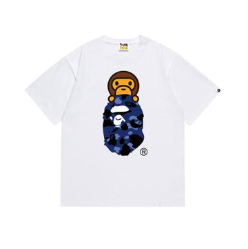 White BAPE T-Shirt with Blue Camo Ape Head and Baby Milo
