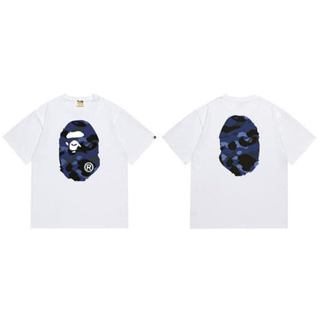 White BAPE T-Shirt with Blue Camo Ape Head (Front & Back)