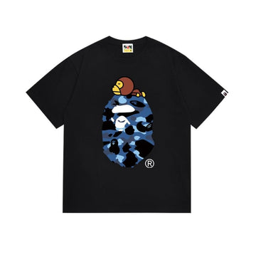 Black BAPE T-Shirt with Blue Camo Ape Head and Baby Milo Print