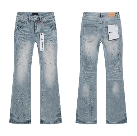Light Blue Washed Flared Denim Jeans with "PURPLE" Monogram Rhinestone Pattern