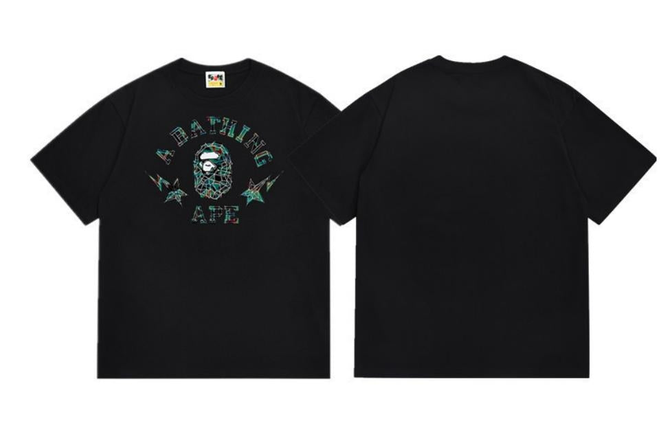 Black BAPE T-Shirt with "A BATHING APE" College Logo and Cracked Ape Head Print