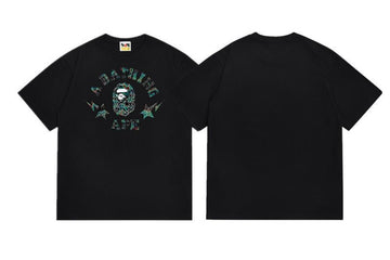 Black BAPE T-Shirt with "A BATHING APE" College Logo and Cracked Ape Head Print