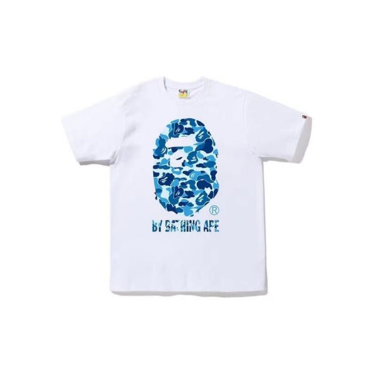 White BAPE T-Shirt with Blue Camo Ape Head and "BY BATHING APE" Logo