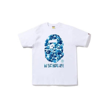 White BAPE T-Shirt with Blue Camo Ape Head and "BY BATHING APE" Logo