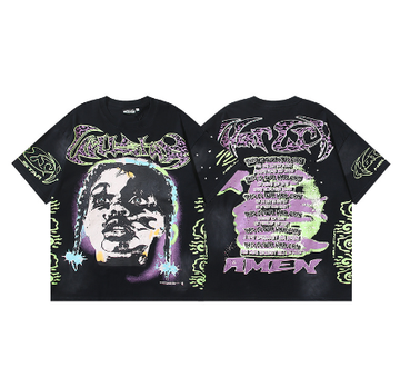 Hellstar Washed Retro Trendy Print Short-Sleeve T-Shirt