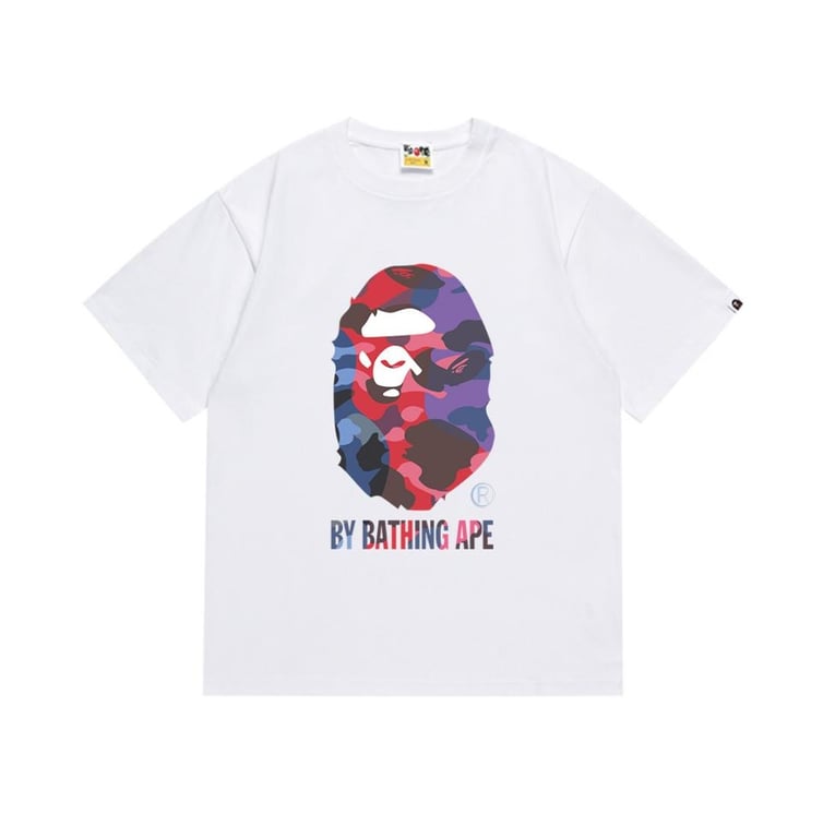 White BAPE T-Shirt with Multicolor Camo Ape Head and "BY BATHING APE" Logo