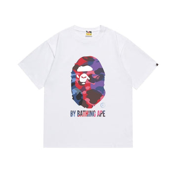 White BAPE T-Shirt with Multicolor Camo Ape Head and "BY BATHING APE" Logo