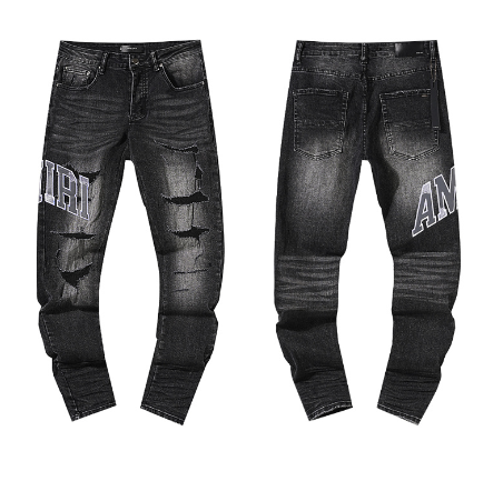 Black Washed Denim Jeans with Grey AMIRI Logo and Distressing