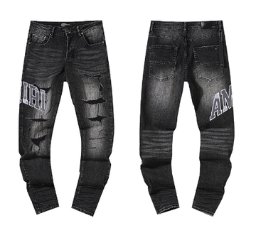 Black Washed Denim Jeans with Grey AMIRI Logo and Distressing