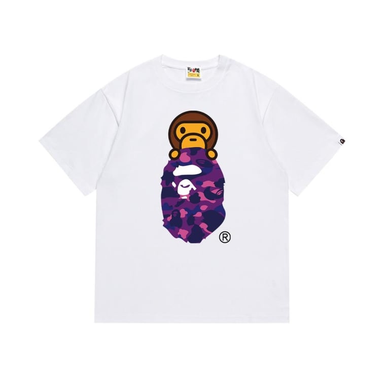 White BAPE T-Shirt with Purple Camo Ape Head and Baby Milo