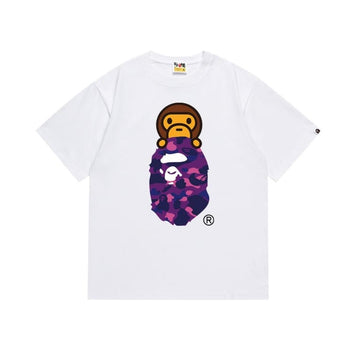 White BAPE T-Shirt with Purple Camo Ape Head and Baby Milo
