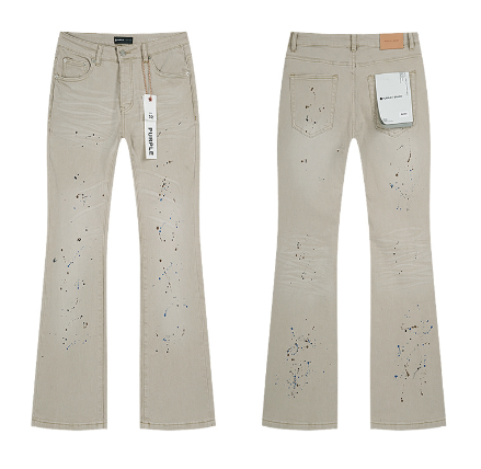 Beige Washed Flared Denim Jeans with Multicolor Paint Splatter
