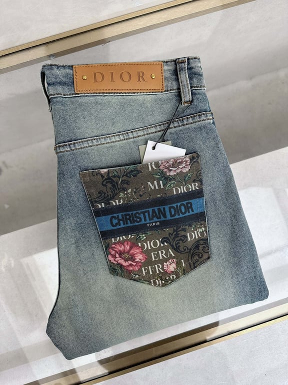 Dior Light Wash Denim Jeans with Floral Christian Dior Pocket Detail