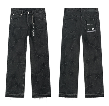 Black Washed Wide-Leg Denim Jeans with Starburst Embossed Pattern