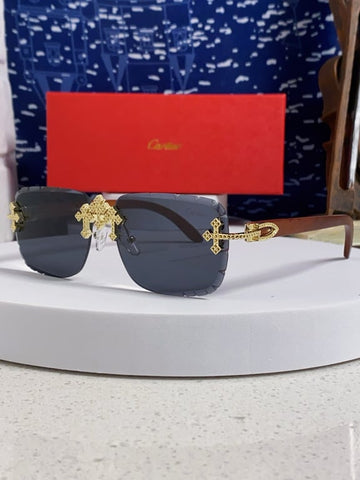 Cartier Rimless Sunglasses with Cross Motif and Wooden Temples