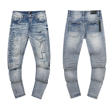 Light Blue Washed Denim Jeans with Textured Distressing