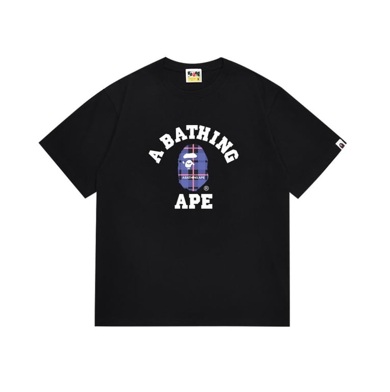 Black BAPE College T-Shirt with Purple Plaid Ape Head