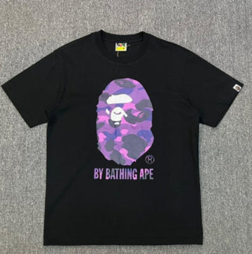 Black BAPE T-Shirt with Purple Camo Ape Head and "BY BATHING APE" Logo