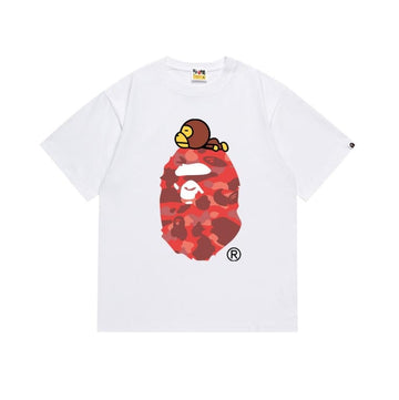 White BAPE T-Shirt with Red Camo Ape Head and Baby Milo Print
