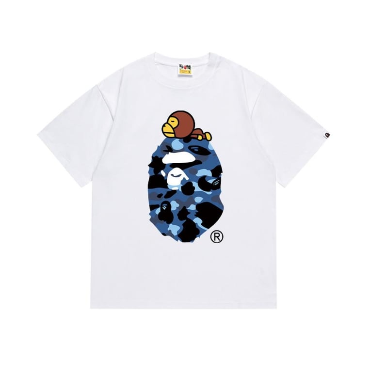 White BAPE T-Shirt with Blue Camo Ape Head and Baby Milo Print