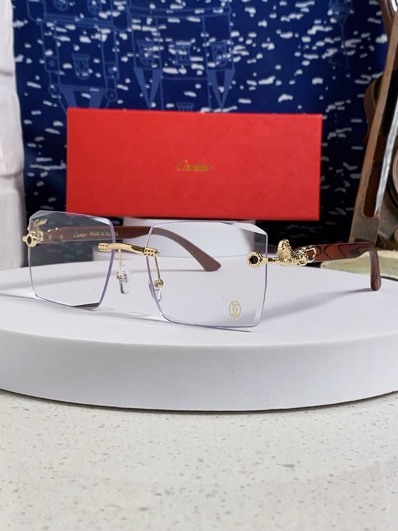 Cartier Gold-Tone Rimless Optical Glasses with Panther Head Details and Wooden Temples