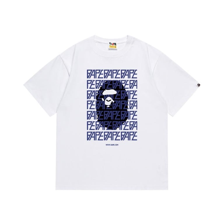 White BAPE T-Shirt with Repeated "BAPE" Text and Ape Head Logo
