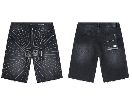 Black Washed Denim Shorts with Sunburst Stitch Pattern and Raw Hem