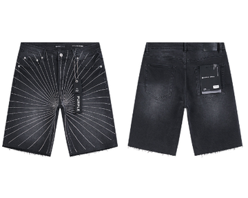 Black Washed Denim Shorts with Sunburst Stitch Pattern and Raw Hem
