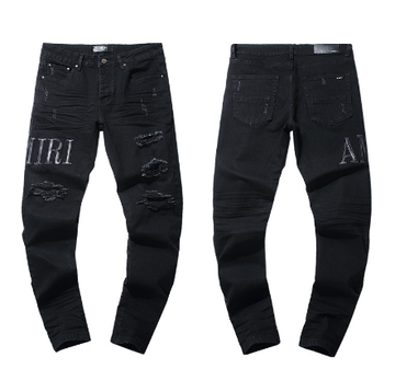 Black Denim Jeans with Silver AMIRI Logo and Distressing