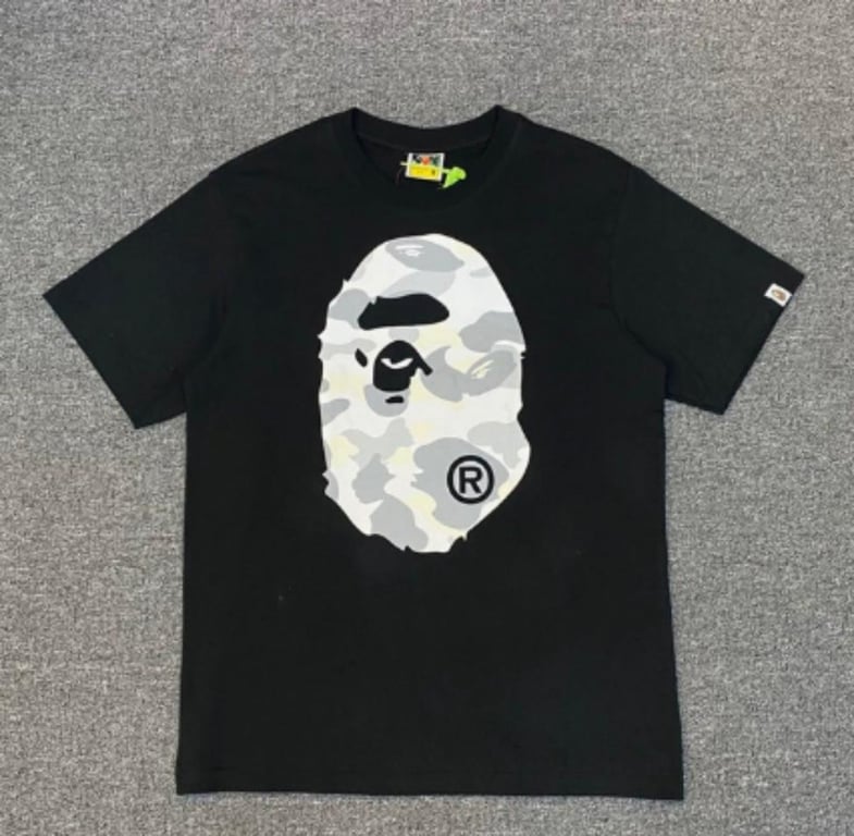 Black BAPE T-Shirt with Grey Camo Ape Head Print