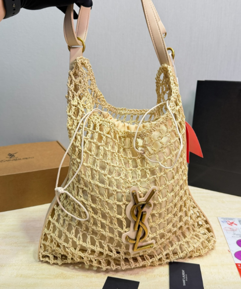 YSL Saint Laurent Raffia Straw Woven Shopping Bag