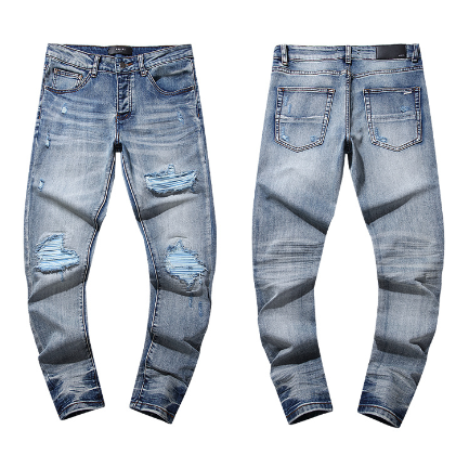 Light Blue Washed Denim Jeans with Multi-Rip Distressing