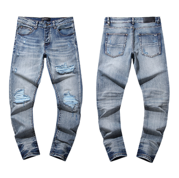 Light Blue Washed Denim Jeans with Multi-Rip Distressing
