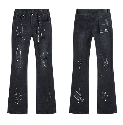 Black Flared Denim Jeans with Multicolor Paint Splatter and Knee Distressing
