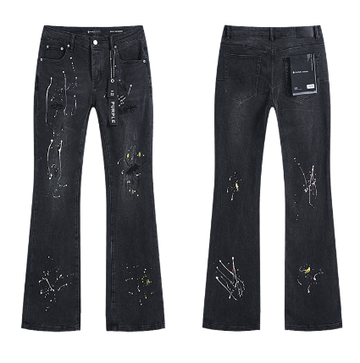 Black Flared Denim Jeans with Multicolor Paint Splatter and Knee Distressing
