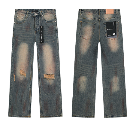 Light Blue Washed Wide-Leg Denim Jeans with Brown Gradient and Knee Patches