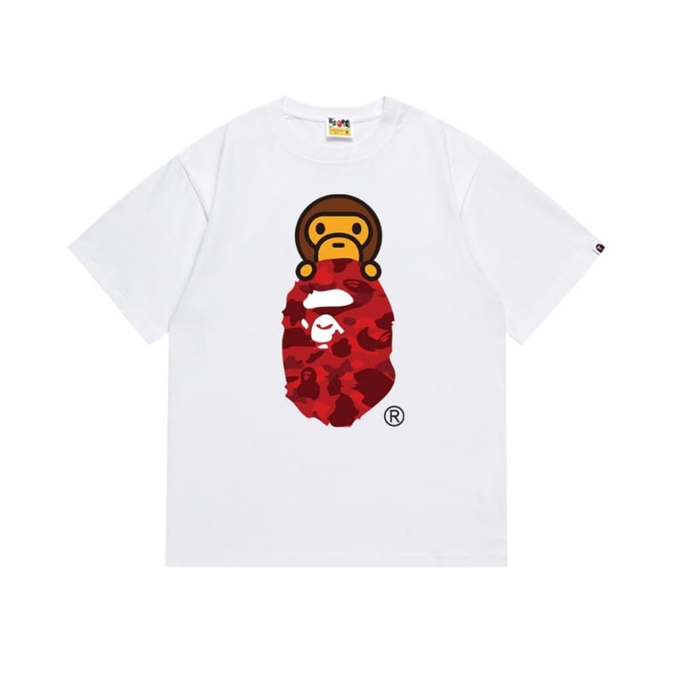 White BAPE T-Shirt with Red Camo Ape Head and Baby Milo