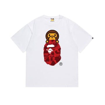 White BAPE T-Shirt with Red Camo Ape Head and Baby Milo