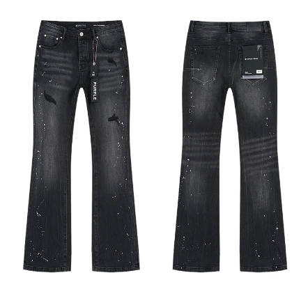 Black Washed Flared Denim Jeans with Paint Splatter and Light Distressing