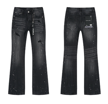 Black Washed Flared Denim Jeans with Paint Splatter and Light Distressing