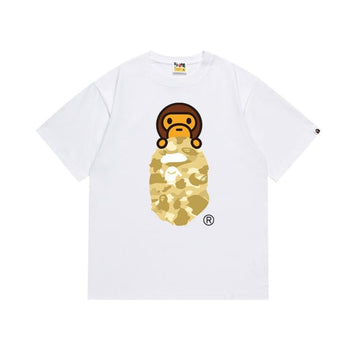 White BAPE T-Shirt with Beige Camo Ape Head and Baby Milo
