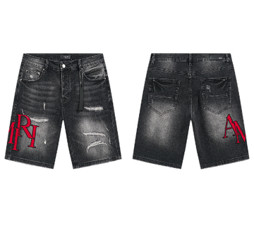Black Washed Denim Shorts with Red AMIRI Logo