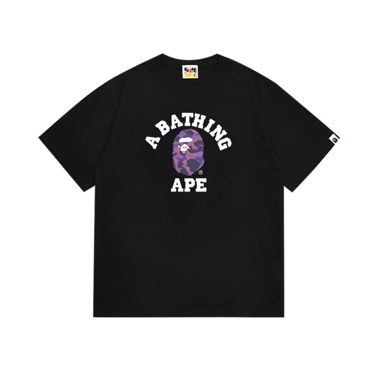 Black BAPE T-Shirt with "A BATHING APE" College Logo and Purple Camo Ape Head