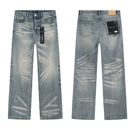 Light Blue Washed Wide-Leg Denim Jeans with Natural Whiskering Fading
