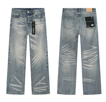 Light Blue Washed Wide-Leg Denim Jeans with Natural Whiskering Fading