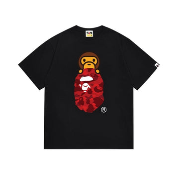 Black BAPE T-Shirt with Red Camo Ape Head and Baby Milo