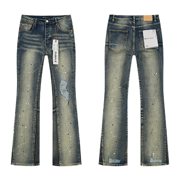Light Blue Washed Flared Denim Jeans with Paint Splatter and Distressing